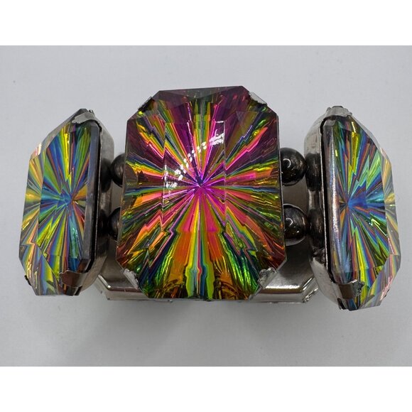 Chunky Rainbow Vitriol Glass Stretch Bracelet - Rectangular Panels - Silver Tone - Picture 4 of 10